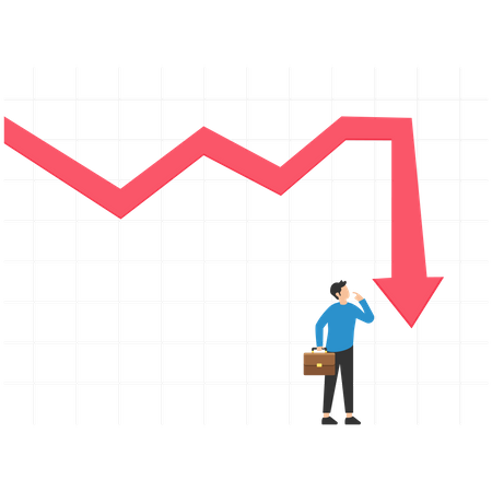 Geschäftsmann, Investor, der auf einer herunterfallenden roten Kurve steht und nach unten schaut  Illustration