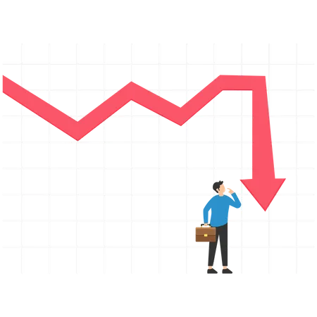 Geschäftsmann, Investor, der auf einer herunterfallenden roten Kurve steht und nach unten schaut  Illustration