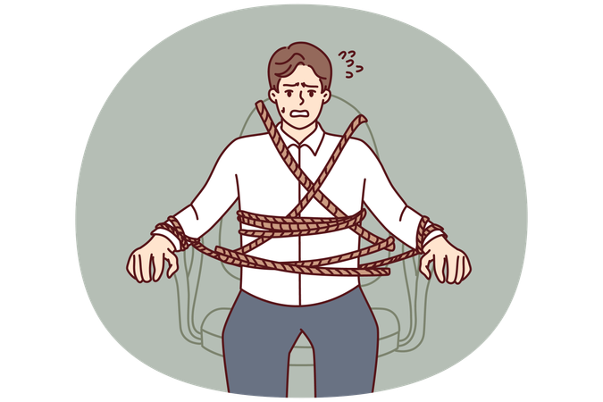 Geschäftsmann ist an Bürostuhl gefesselt und hat Angst vor strengen Fristen  Illustration