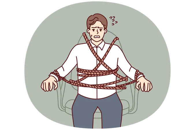 Geschäftsmann ist an Bürostuhl gefesselt und hat Angst vor strengen Fristen  Illustration