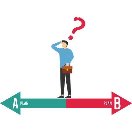 Geschäftsmann verwirrt über zwei Möglichkeiten, Plan A und Plan B  Illustration