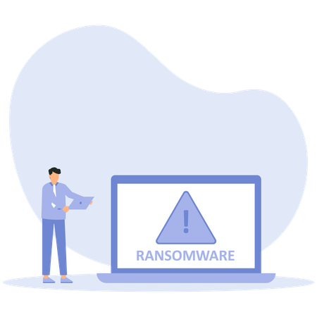 Geschäftsmann ist verwirrt, als er sich am Computer ein gehacktes Bankkonto online ansieht  Illustration