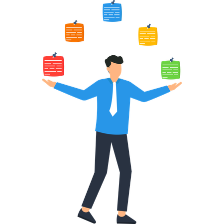 Geschäftsmann jongliert mit Notizen für das Projektmanagement  Illustration