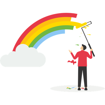 Geschäftsmann klettert Trittleiter hinauf, um Wandbild mit Regenbogen zu malen  Illustration