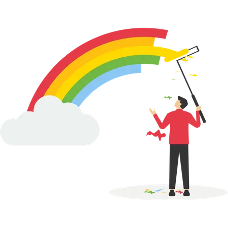 Geschäftsmann klettert Trittleiter hinauf, um Wandbild mit Regenbogen zu malen  Illustration