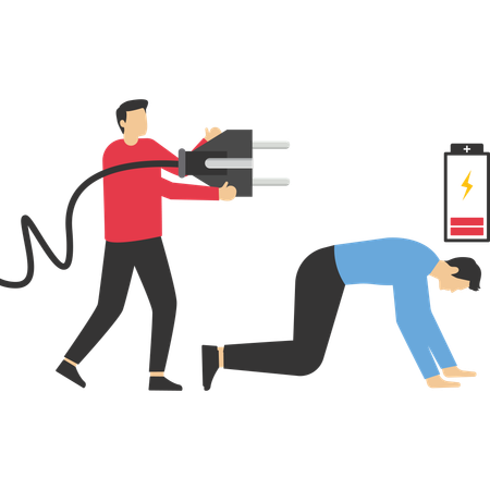 Geschäftsmann lädt Batterie eines erschöpften Mitarbeiters auf  Illustration