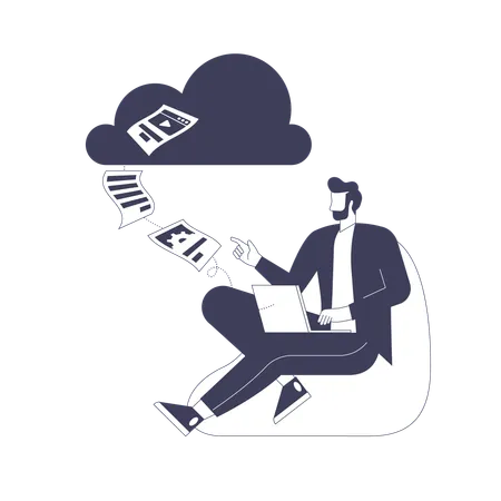 Geschäftsmann lädt Inhalte herunter und erstellt Backups im Cloud-Speicher  Illustration