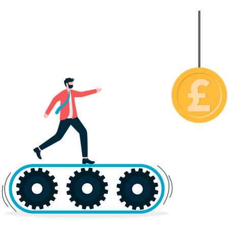 Geschäftsmann läuft auf Förderband, um Geld zu fangen  Illustration