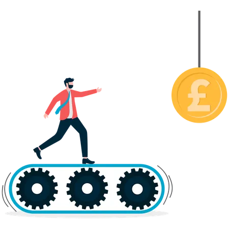 Geschäftsmann läuft auf Förderband, um Geld zu fangen  Illustration
