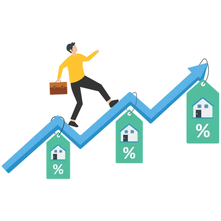 Geschäftsmann läuft auf steigende grüne Kurve auf Hauspreisschild  Illustration