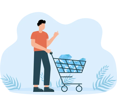 Geschäftsmann läuft mit einem Wagen voller Diamanten als Symbol für ein hochprofitables Geschäft  Illustration