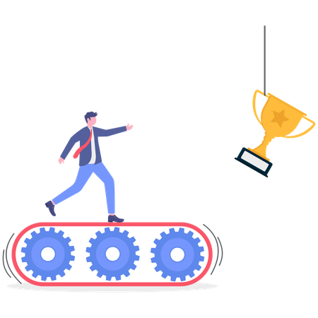 Geschäftsmann läuft über Förderband für Pokal  Illustration