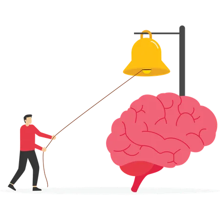 Geschäftsmann läutet die Glocke in seinem Gehirn, um Selbstbewusstsein und Sensibilität für die Situation zu wecken  Illustration