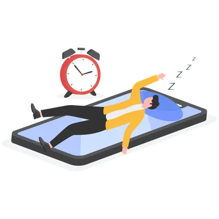 Geschäftsmann liegt auf seinem Smartphone und schläft vom Einschlafen bis fünf Uhr morgens  Illustration