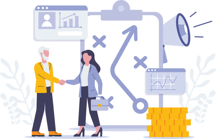 Geschäftsmann macht Geschäftsabschluss mit Marketingstrategie  Illustration