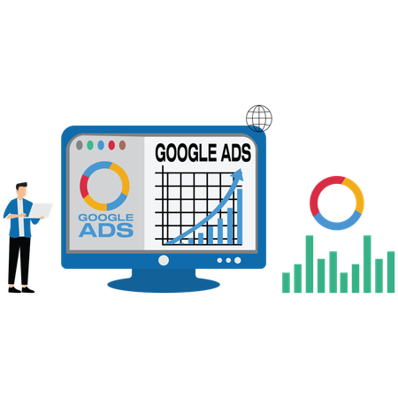 Geschäftsmann, der Google-Anzeigenverwaltung durchführt  Illustration