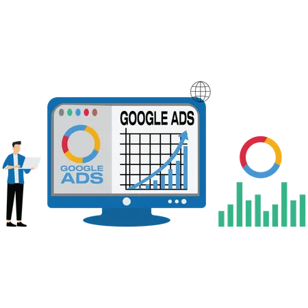 Geschäftsmann, der Google-Anzeigenverwaltung durchführt  Illustration