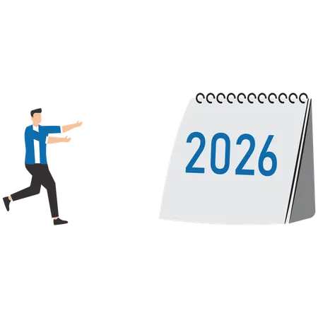 Geschäftsmann geht für einen besseren Geschäftsplan ins Jahr 2026  Illustration