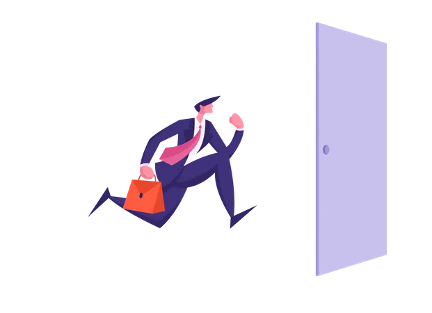 Geschäftsmann mit Aktenkoffer rennt in offene Eingangstür  Illustration