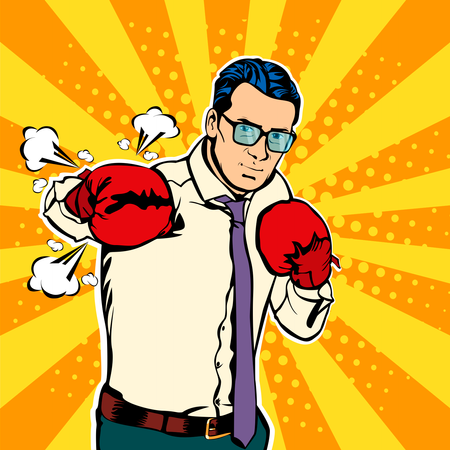 Geschäftsmann in Boxhandschuhen, Vektorillustration im Comic-Pop-Art-Stil  Illustration