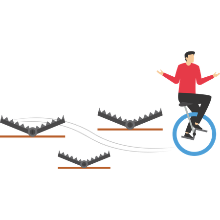 Geschäftsmann mit Fahrrad passiert viele Bärenfallen aus Stahl, um geschäftlichen Erfolg zu erzielen  Illustration