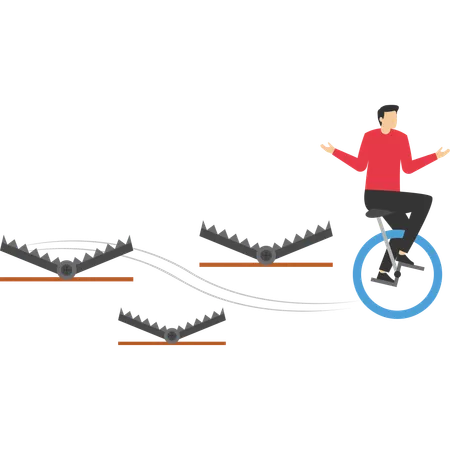 Geschäftsmann mit Fahrrad passiert viele Bärenfallen aus Stahl, um geschäftlichen Erfolg zu erzielen  Illustration