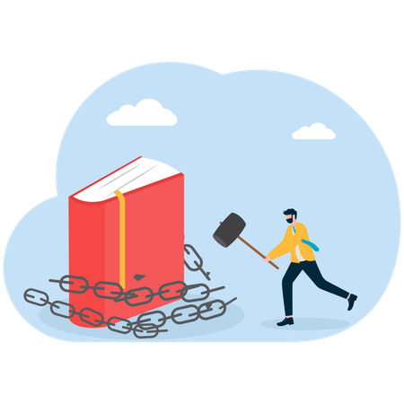Geschäftsmann mit Hammer gebrochen Buchkette  Illustration