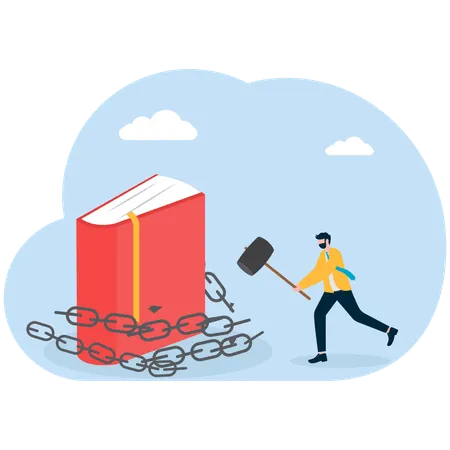 Geschäftsmann mit Hammer gebrochen Buchkette  Illustration
