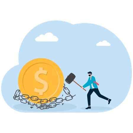 Geschäftsmann mit Hammer zerbrochene Dollarmünze  Illustration