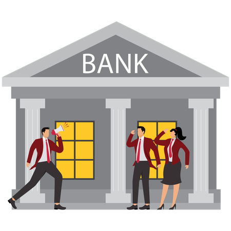 Geschäftsmann mit Megafon steht neben einer Bank und schreit Leute an  Illustration