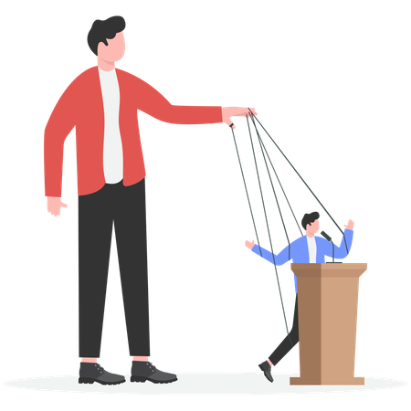 Geschäftsmann mit Puppenspieler steht auf einem Haufen Geld  Illustration