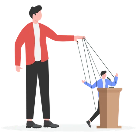 Geschäftsmann mit Puppenspieler steht auf einem Haufen Geld  Illustration