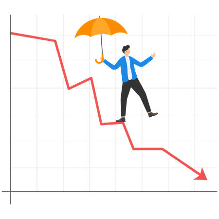 Geschäftsmann mit Regenschirm läuft auf Verlustpfeil  Illustration