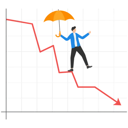 Geschäftsmann mit Regenschirm läuft auf Verlustpfeil  Illustration