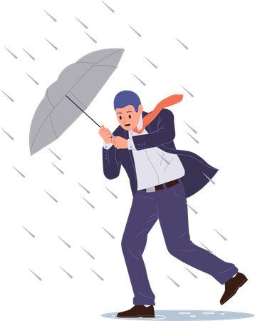 Geschäftsmann mit Regenschirm kämpft gegen Regenguss  Illustration