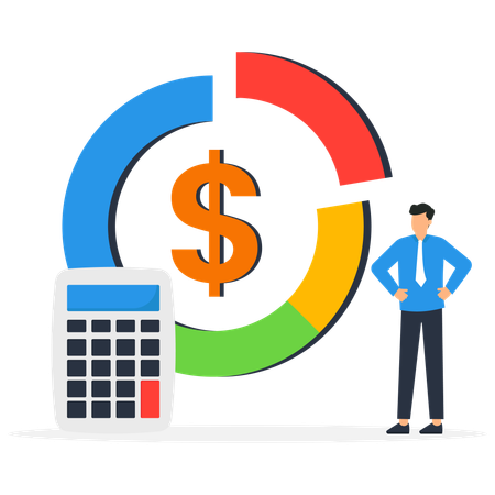 Geschäftsmann mit Taschenrechner mit Kreisdiagramm der Kostenstruktur  Illustration