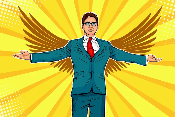 Geschäftsmann mit weit ausgebreiteten Armen und Flügeln. Business Angel, Investmentor oder Sponsor-Konzept. Vektorillustration im Pop-Art-Retro-Comic-Stil  Illustration