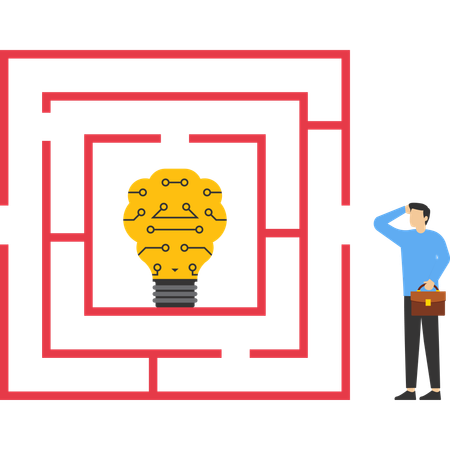 Geschäftsmann will Techno-Glühbirnen-Labyrinth betreten  Illustration