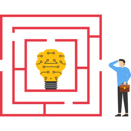 Geschäftsmann will Techno-Glühbirnen-Labyrinth betreten  Illustration