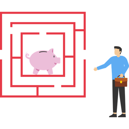 Geschäftsmann will in ein Sparschwein-Labyrinth einsteigen  Illustration