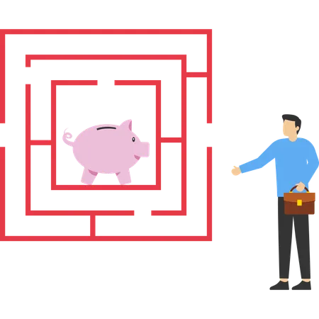 Geschäftsmann will in ein Sparschwein-Labyrinth einsteigen  Illustration