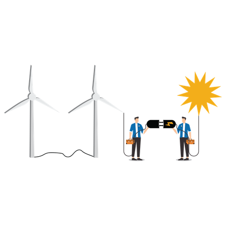 Unternehmer nutzen Energie aus Windmühlen, um umweltfreundliche Unternehmen zu betreiben  Illustration