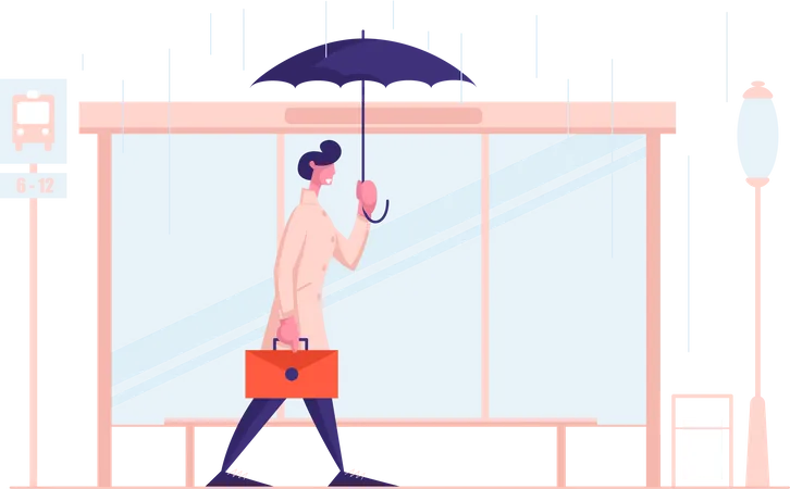 Geschäftsmann pendelt während der Monsunzeit ins Büro  Illustration