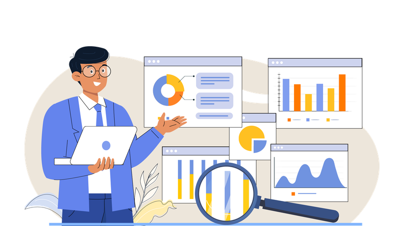 Geschäftsmann präsentiert Analysebericht in Besprechung  Illustration