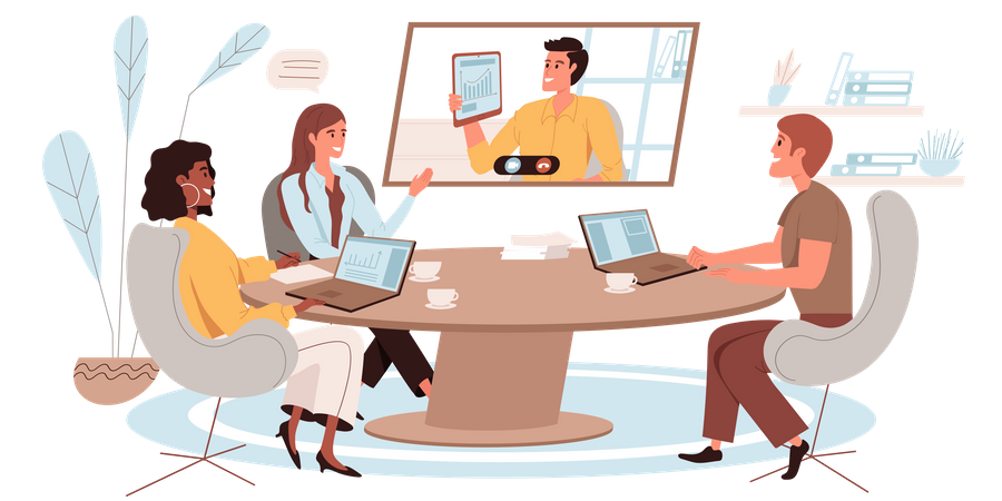 Geschäftsmann präsentiert Geschäftszertifikat per Videokonferenz  Illustration