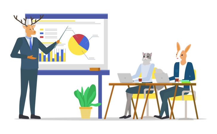 Geschäftsmann präsentiert Mitarbeitern Statistiken  Illustration