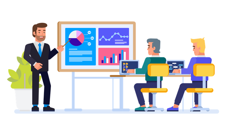 Geschäftsmann präsentiert Mitarbeitern Datenstatistiken  Illustration