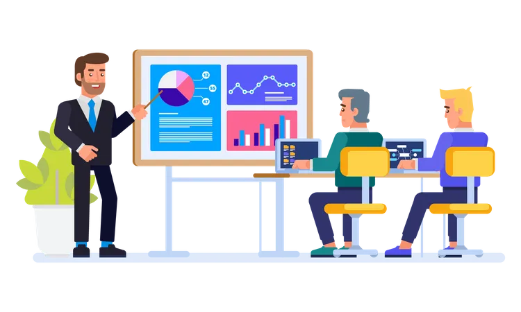 Geschäftsmann präsentiert Mitarbeitern Datenstatistiken  Illustration