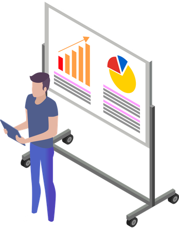 Geschäftsmann präsentiert Mitarbeitern Datenanalyse  Illustration