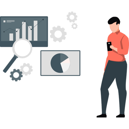 Geschäftsmann recherchiert zu Geschäftsdiagrammen  Illustration